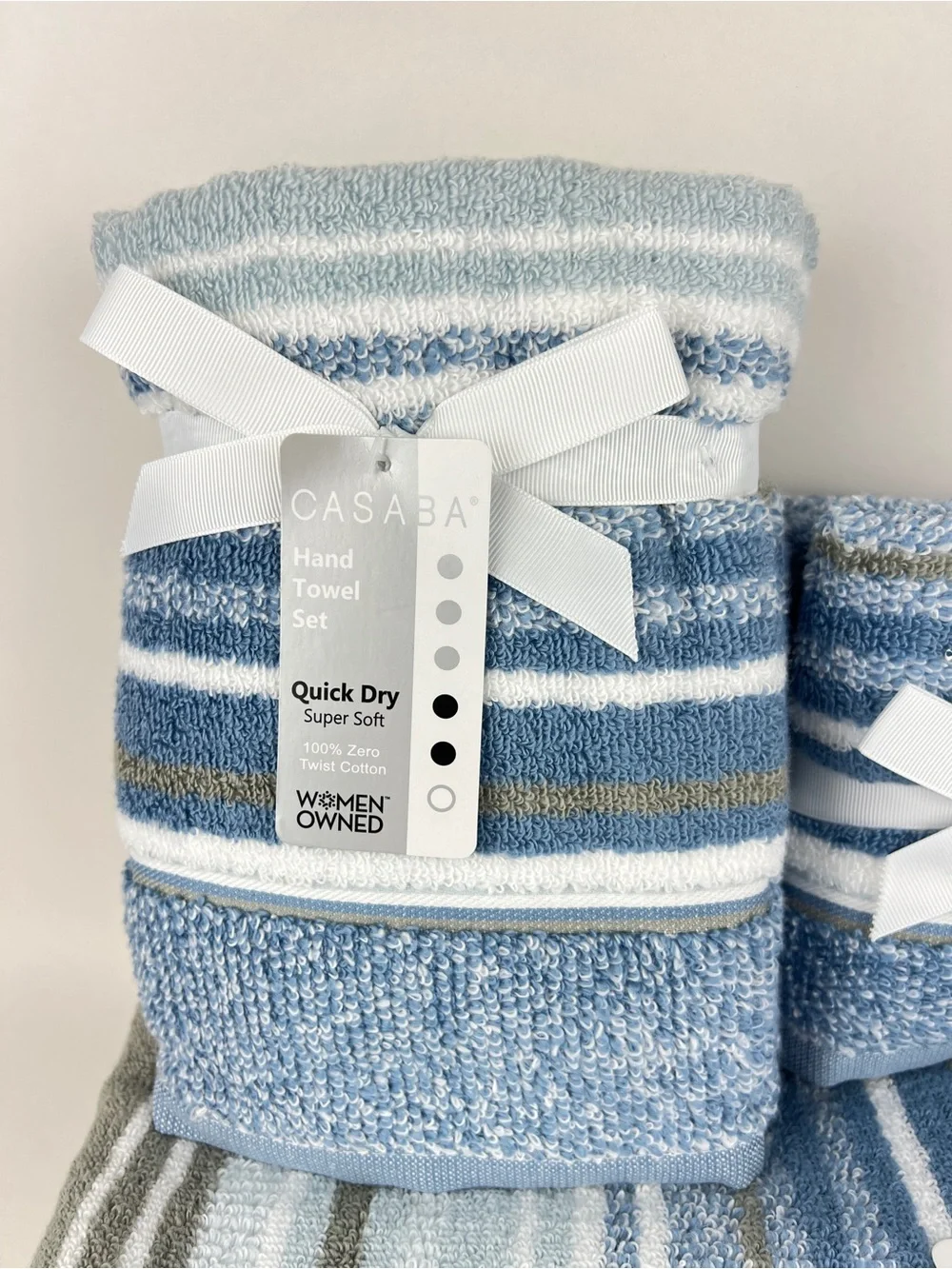 Casaba Bath Towel Set Blue White Taupe Striped Quick Dry Soft Cotton 8 Pc NEW